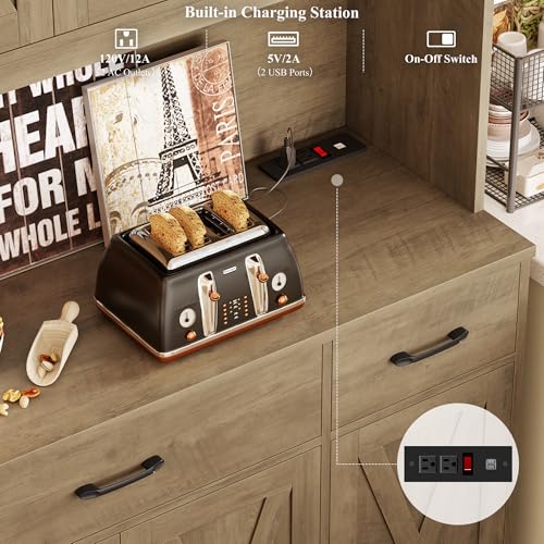 HOSTACK 71" Tall Kitchen Pantry Storage Cabinet with Charging Station, 55" Wide Kitchen Hutch Cabinet with Large Countertop