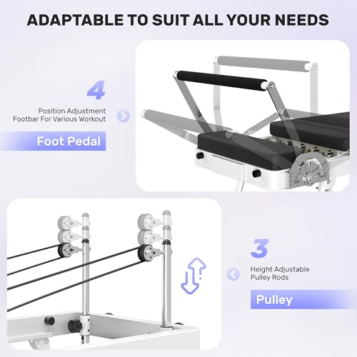 Pilates Reformer, Foldable Pilates Machine & Equipment for Home and Gym Workout with Dual Resistance and Adjustable Height Pulleys