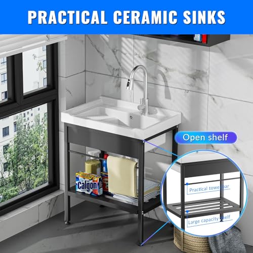 Stainless Steel Utility Sink, 30.8" × 22" × 39.5"Freestanding Sink with Cold and Hot Water Faucet,Hoses and Drain Kit for Kitchens, Bathrooms, Garage