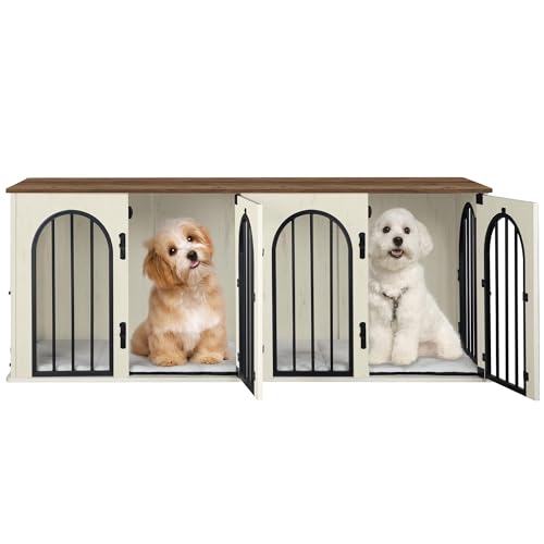71" Dog Crate Furniture for 2 Dogs, Heavy Duty Indoor Dog Kennel TV Stand, XXL Wooden Dog Cage with Divider for Medium Large Dogs