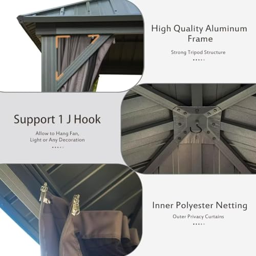 Domi 10’ x 10’ Hardtop Gazebo Metal Frame Canopy with Netting & Curtains