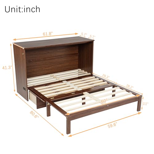 KEIKI Queen Murphy Bed Cabinet with Charging Station & Rattan Design – Space-Saving Wall Bed with Large Storage Drawer