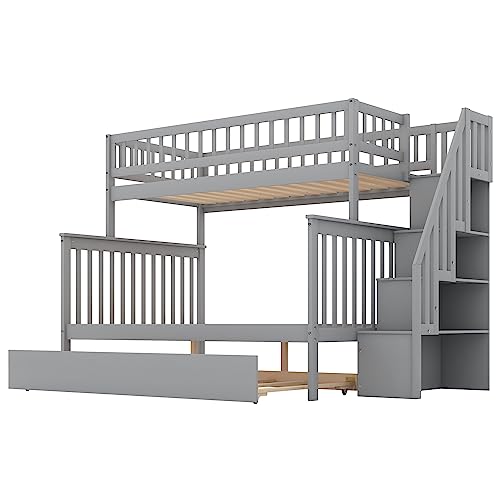 Harper & Bright Designs Bunk Beds Twin Over Full Size, Bunk Bed with Trundle,Storage Shelf and Stairway