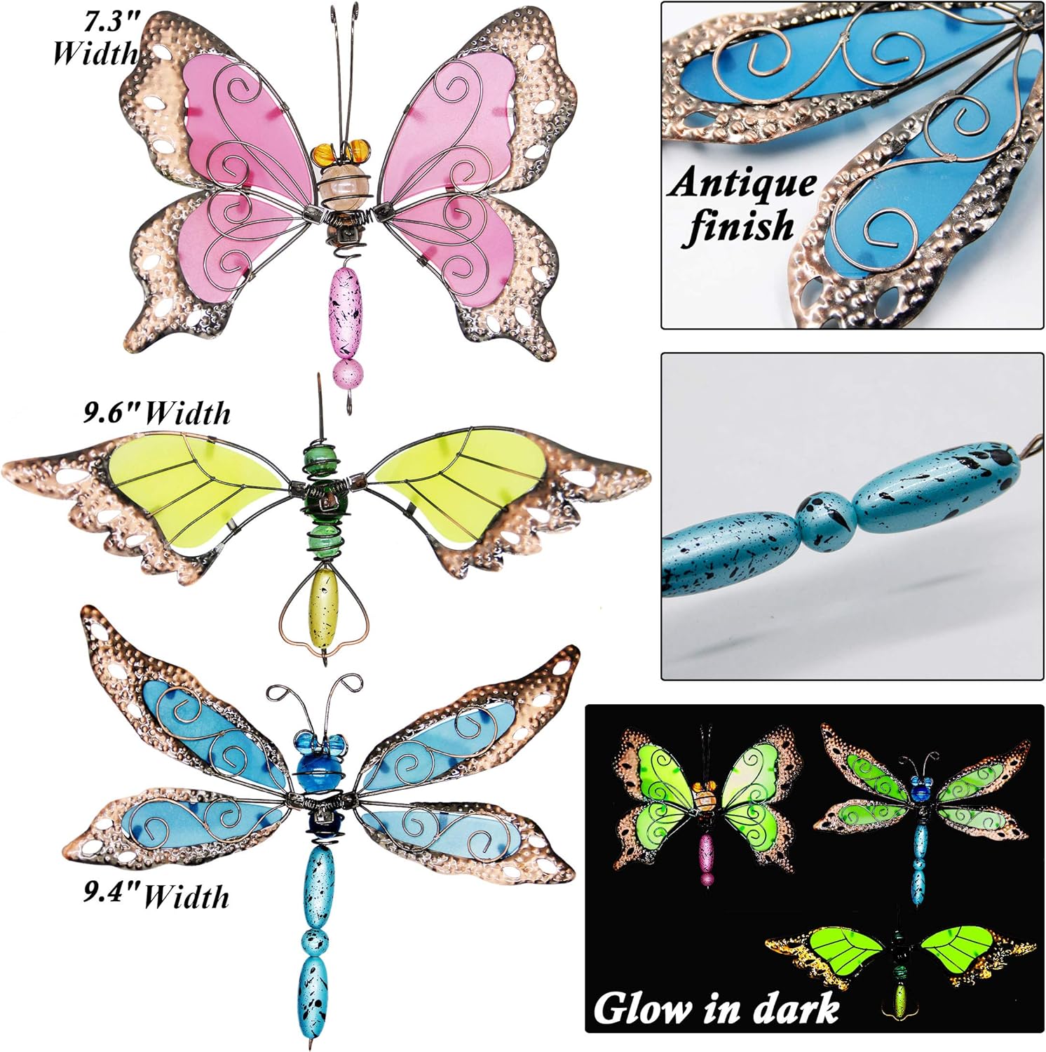 Juegoal 34 Inch Butterfly Garden Stakes Decor, Dragonfly Hummingbird Stakes, Glow in Dark Metal Yard Art for Mom, Mothers Day Ideal Gifts