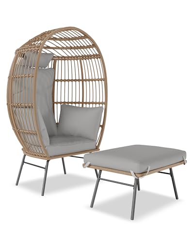 Oversize Wicker Egg Chair with 4 Comfy Cushions, Big Egg Shaped Lounger with Ottoman, Rattan Reading Chairs for Indoor Outdoor Patio Porch Backyard