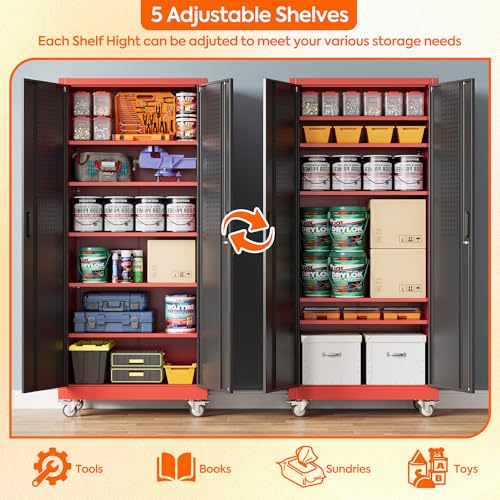 Metal Storage Cabinet with Wheels, 73" H Rolling Garage Cabinets with Locking Doors and Adjustable Shelves for Home Office, Basement, Pantry, Workshop