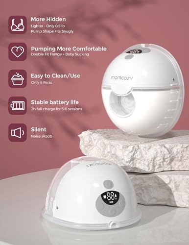 Momcozy M5 Hands-Free Wearable Breast Pump, Double-Sealed Flange for Baby-Like Comfort, 3 Modes & 9 Suction Levels, Portable Electric Pump – 24mm