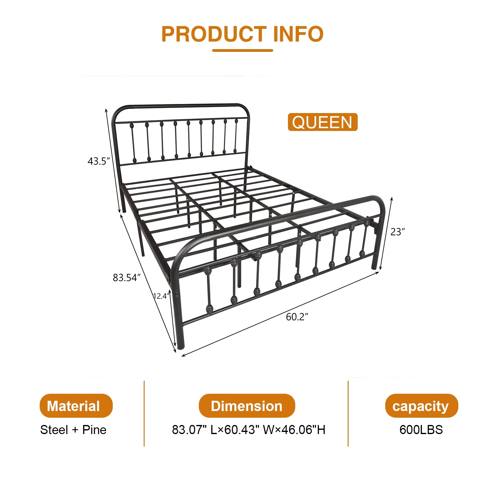 SESSLIFE Queen Size Victorian Style Bed with Headboard and Footboard, Iron Bed Frame for Bedroom, No Box Spring Needed ,Black
