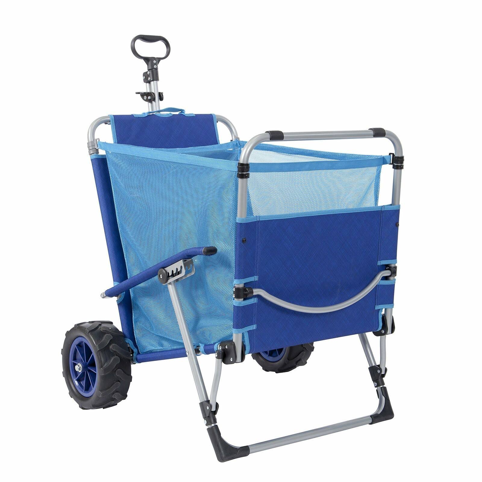Mac Sports Beach Day Foldable Chaise Lounge Chair u0026 Integrated Pull Cart Combo, Blue