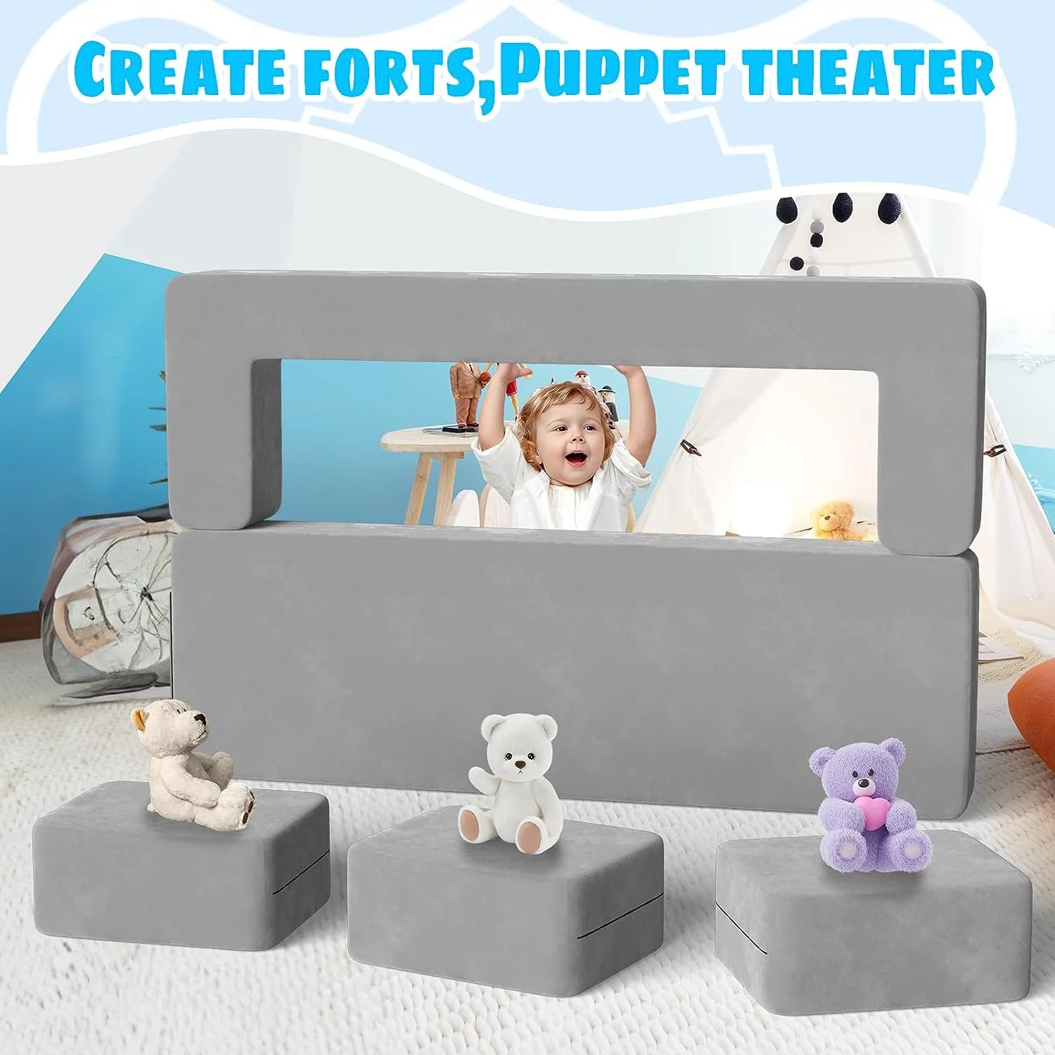 Kids Couch with 3 Ottomans, Wanan Toddler Couch for Playroom Bedroom, 5 in 1 Modular Kids Couch Fold out Sofa Kids Floor Sofa for Toddler and Baby