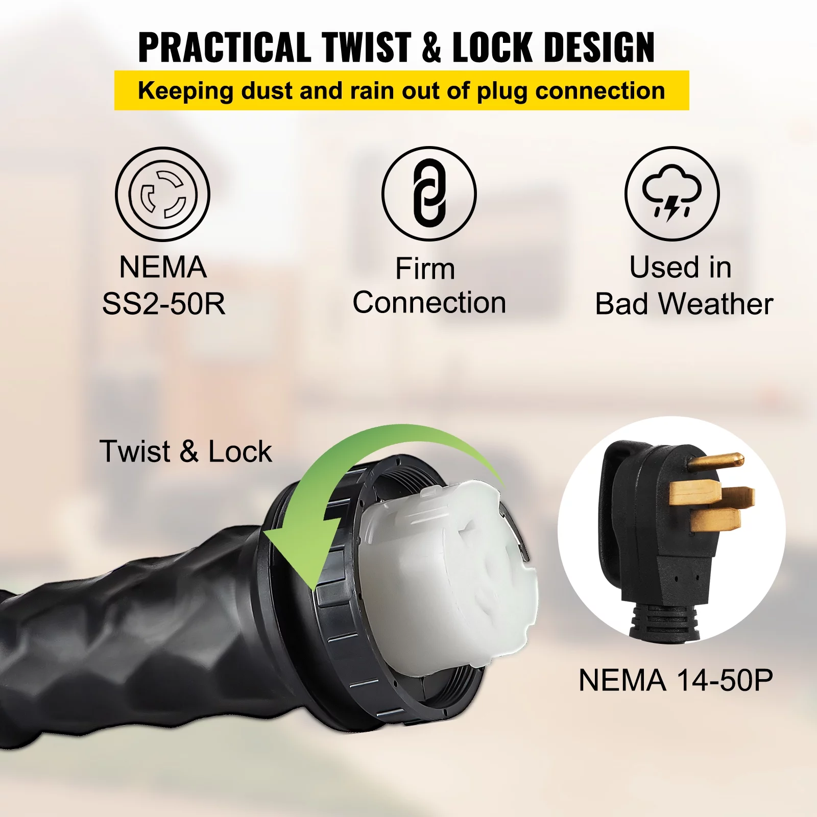 VEVOR RV Shore Power Extension Cord 50Ft 50 AMP Weatherproof Heavy Duty 6AWG/3C+8AWG/1C Twist Lock Cord 50 Amp RV Replacement Cord UL and CSA