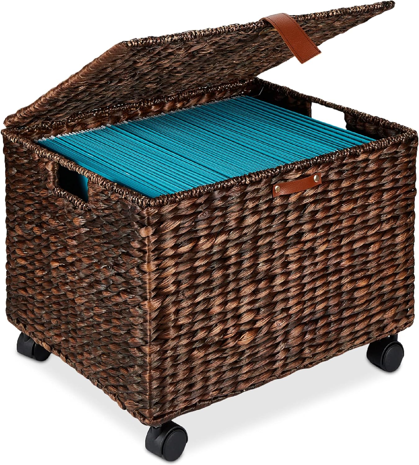 Best Choice Products Water Hyacinth Rolling Filing Cabinet, Woven Mobile Storage Basket, Portable File Organizer for Legal & Letter Size Memos w/Lid