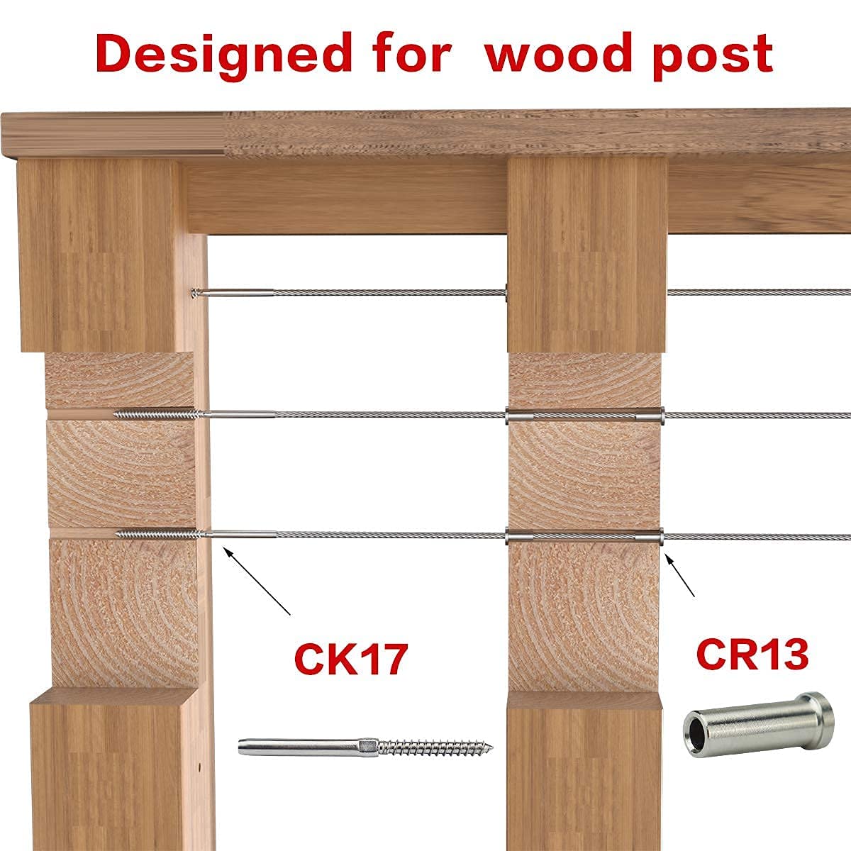 Muzata 120Pack Cable Railing Kit Stainless Steel Protective Sleeves for 1/8" Wire Rope Cable Wood Posts T316 Marine Grade Deck Stair Railing CR13