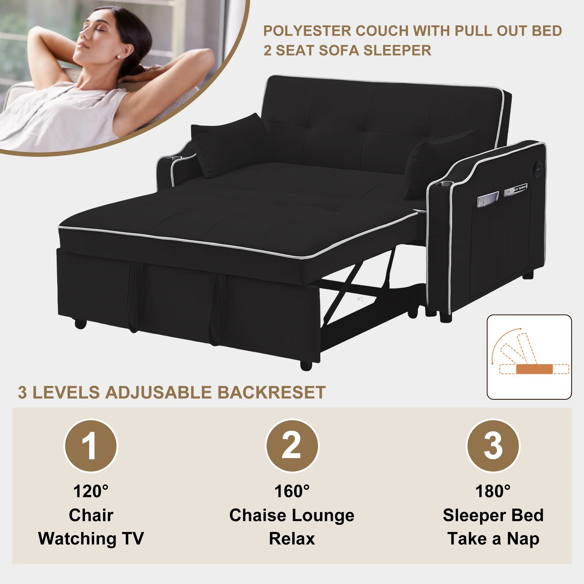 Momspeace Pull Out Loveseat Sleeper Sofa Bed with Cup Holders, Usb Ports and Side Pockets, Black - Radiant Selections