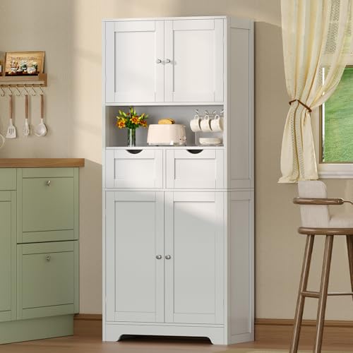 57.8“H Tall Bathroom Cabinet, Storage Cabinet with 2 Drawers & 2 Adjustable Shelves, Bathroom Storage Cabinet with 4 Doors
