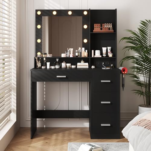 YESHOMY Vanity Desk with Mirror, Power Outlet and 10 Lights, Makeup Table with 4 Drawers, 3 Color Modes Available for Bedroom, White