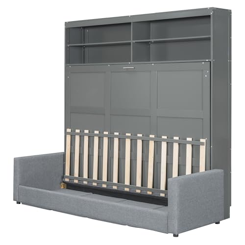 Harper & Bright Designs Queen Size Murphy Bed with Cushion and Storage Shelves, Wood Queen Platform Bed with Sofa, Wall Bed