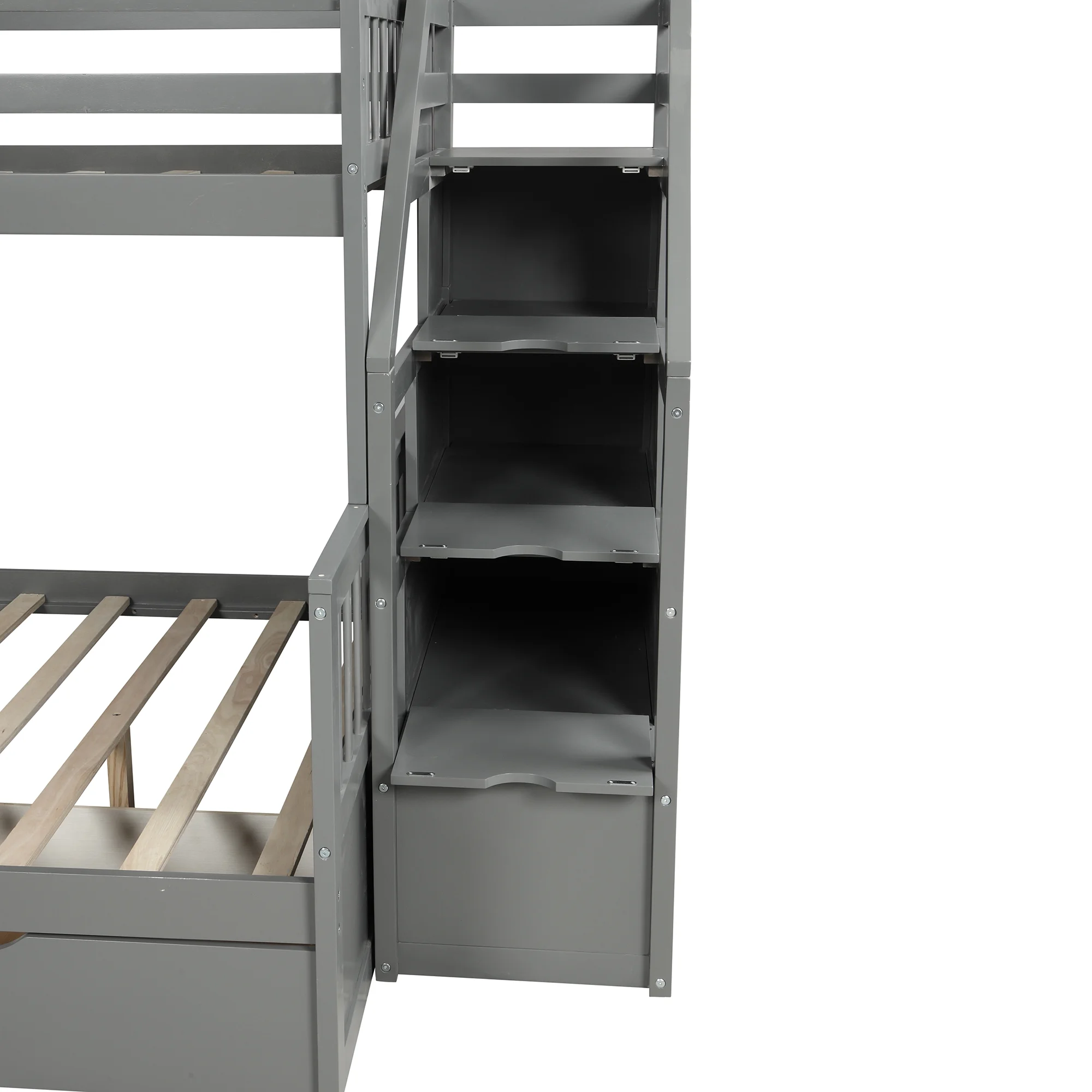 Euroco Wood Twin over Full Bunk Bed with 2 Drawers and Slide, Storage Staircase for Bedroom, Gray - Radiant Selections