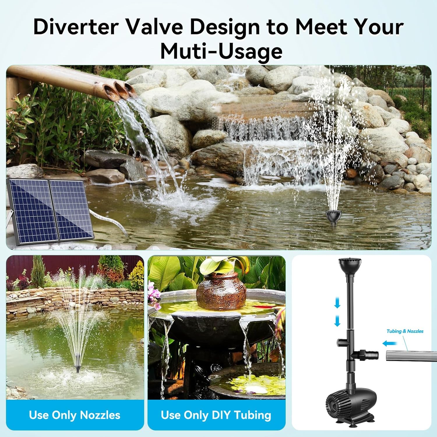 POPOSOAP 55W Solar Fountain Pump, Solar Water Pump with Water Shortage Protection, 480GPH Adjustable Solar Pond Pump with PVC Tubing