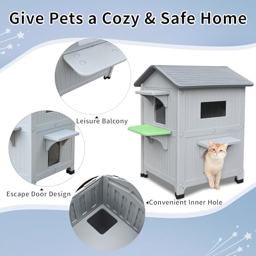 Plastic Outdoor Cat House with Mat Weatherproof for Feral Cat, 2 Story Insulated Elevated Cat Shelter with Escape Door, Easy Assemble