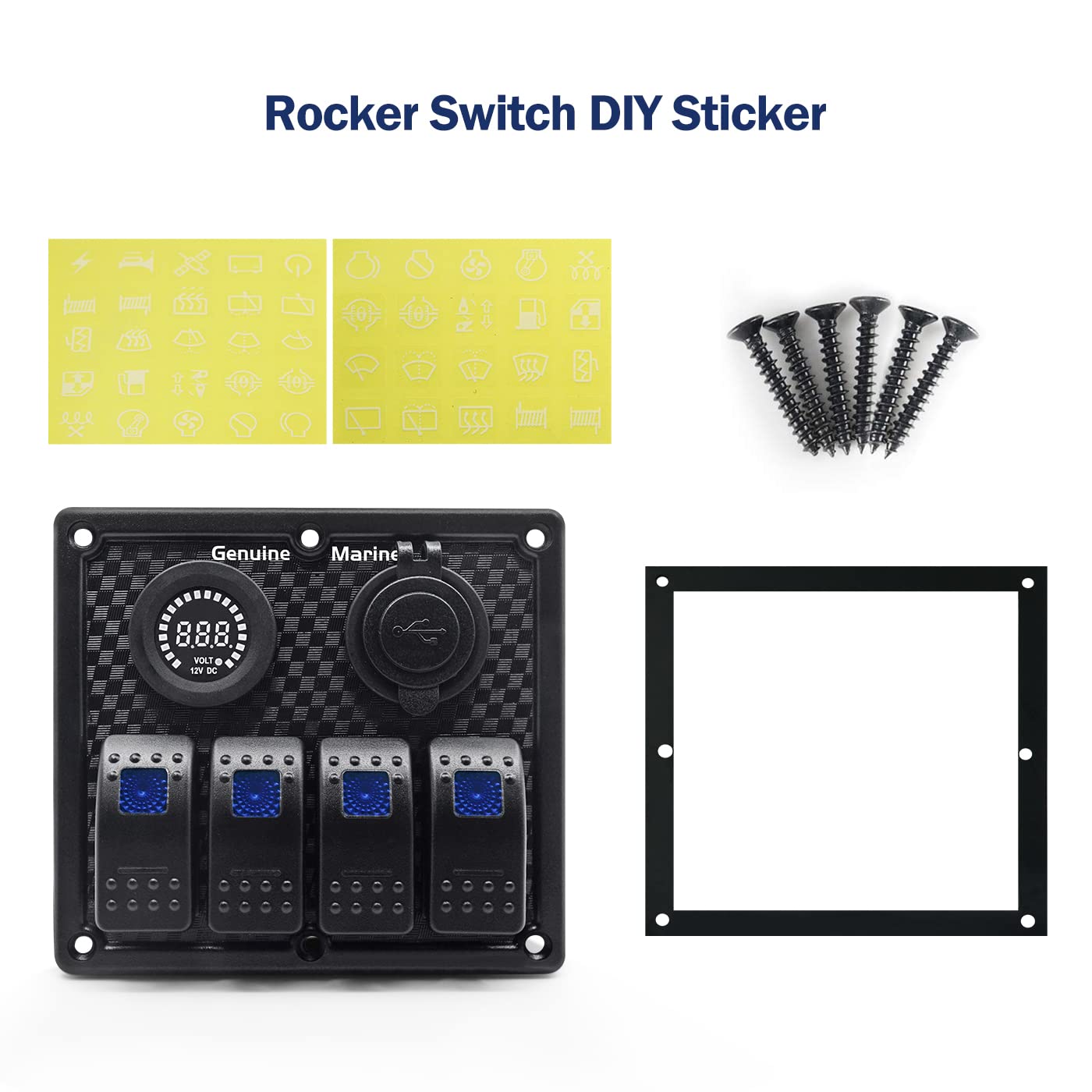 Blue 4 Position Rocker Switch Contura Panel, DC 12V 10/20 Amp 5 Pin On Off Switches, Dual 4.2A USB Port and Color Display Volt Gauge