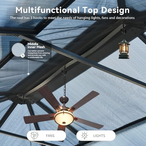 Aoxun 12'x10' Hardtop Gazebo, Aluminum Frame Permanent Pavilion with Curtains and Netting, Outdoor Polycarbonate Double Roof Canopy