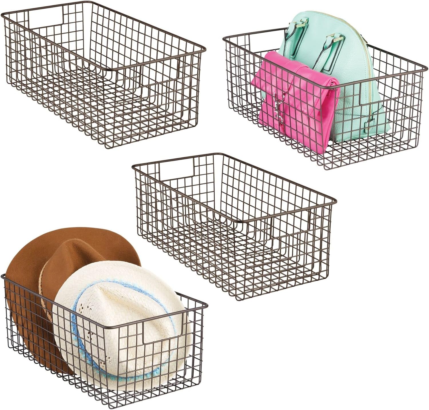 mDesign Farmhouse Decor Metal Wire Closet Storage Bin Baskets with Handles for Organizing Closets, Shelves, and Cabinets in Bedrooms, Bathrooms