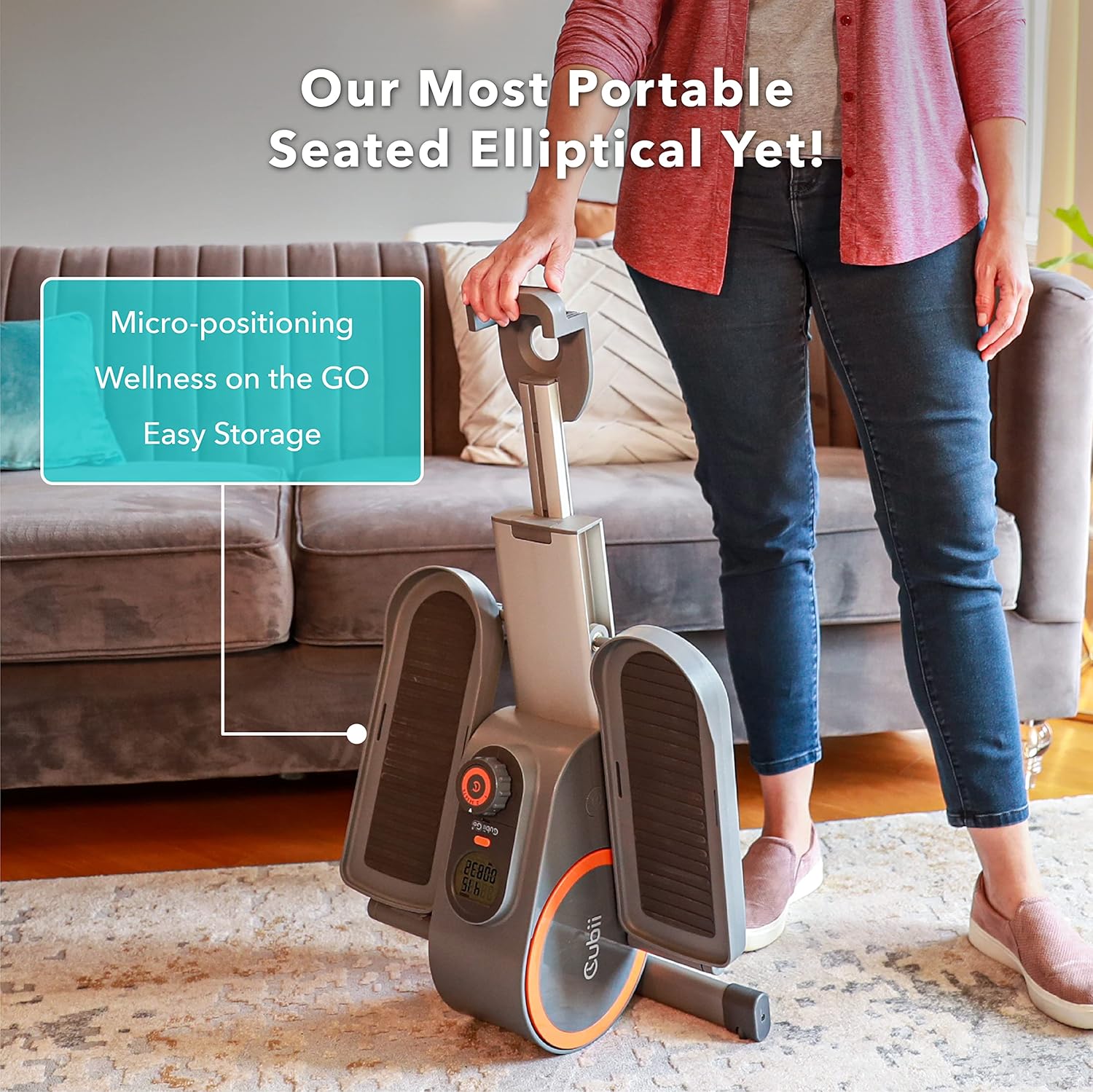 Cubii Go Seated Under Desk Elliptical, Portable w/Built-in Wheels & Retractable Handle, Compact Pedal Bike Exerciser for Home Fitness