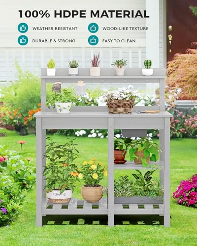 SERWALL Potting Bench Outdoor Potting Table with Sink, HDPE Potting Benches for Outside Gardening Table All Weather Use- Black