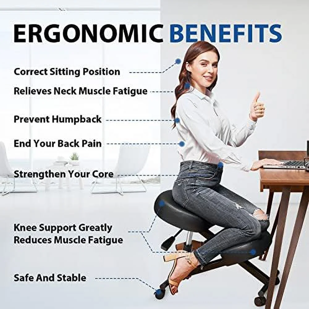 Ergonomic Office Kneeling Chair  Height Adjustable Stool with Thick Foam Cushions and Smooth Gliding Casters to Improve Posture and Relieve Pain