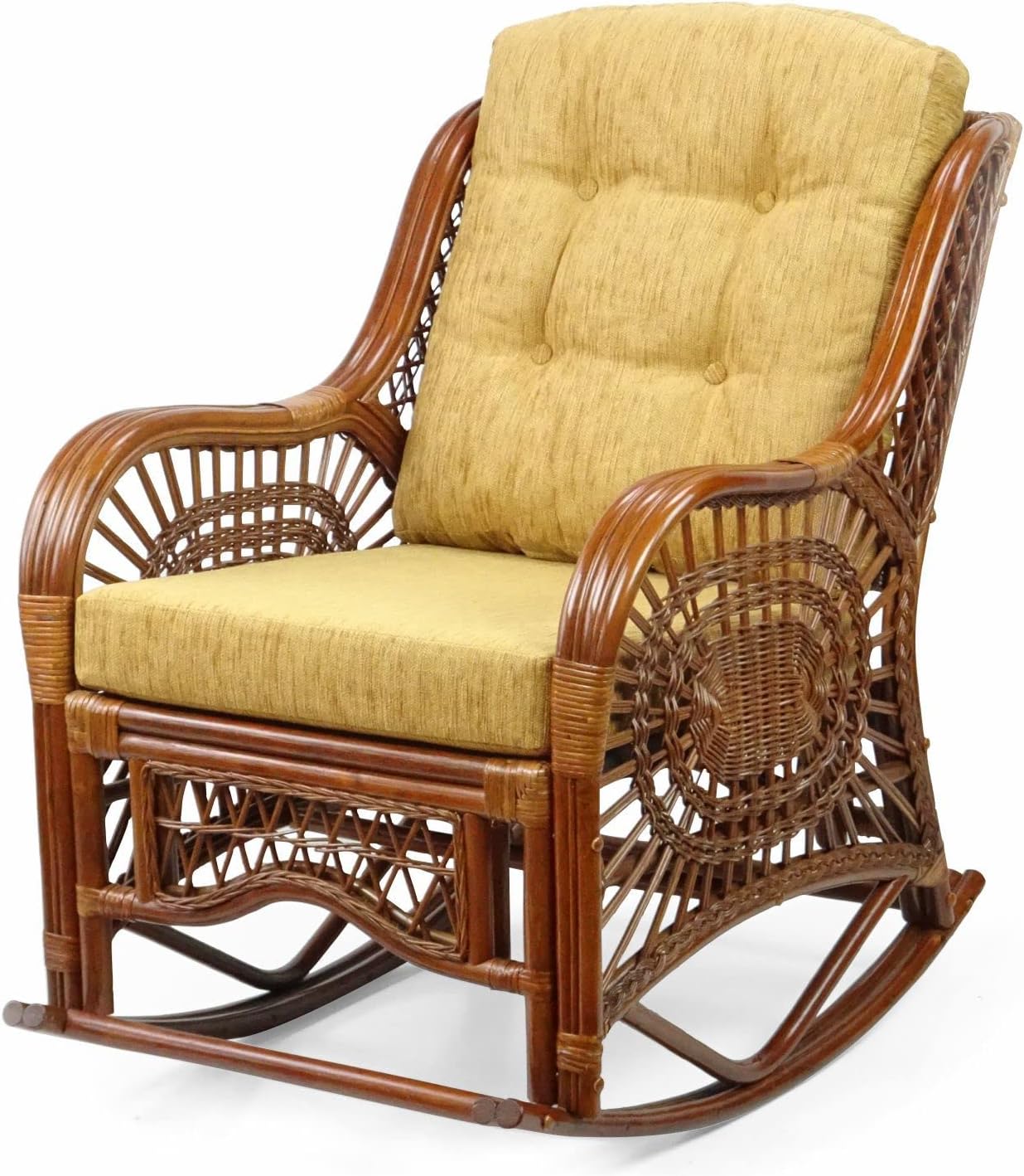 Wickerix Malibu Handmade Natural Rattan Living Room Set of 2 Rocking Lounge Chairs with Light Brown Cushions and Round Coffee Table with glass