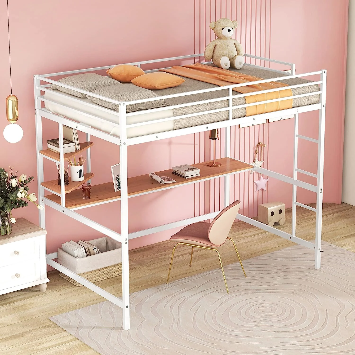 Full Size Metal Loft Bed With Long Desk, Shelves And Full Length Guardrails, Space-Saving Full Loft Bed For Bedroom, White