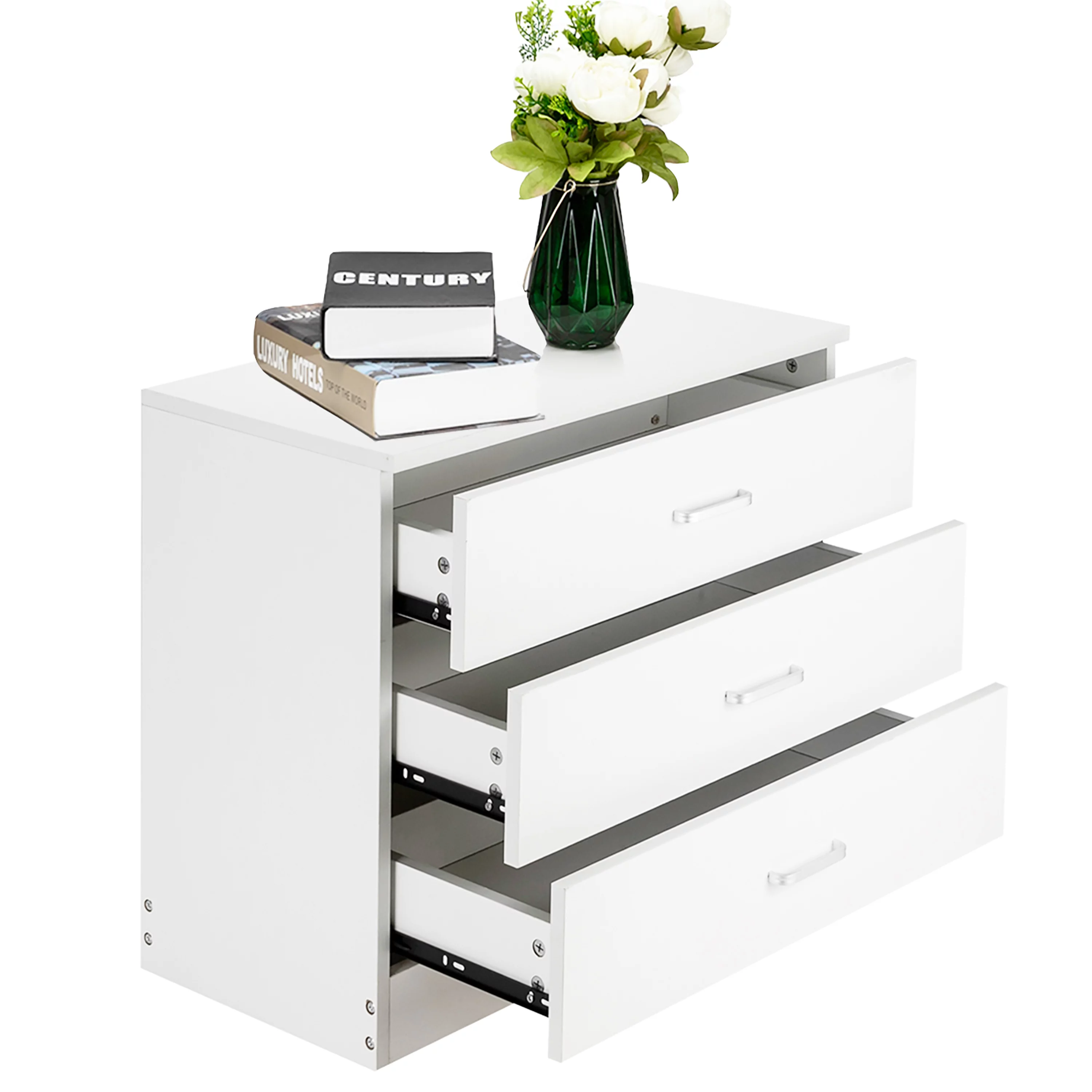 3-Drawer Dresser, White Chester Drawer Bedside Nightstand for Bedroom, Under Desk File Storage Cabinet for Office with Sliding Drawer Metal Handle