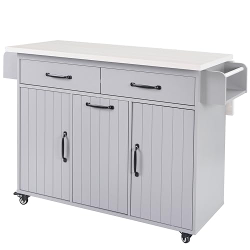 Ball & Cast Farmhouse Kitchen Island with Drop Leaf & Barn Door,Rolling Kitchen Cart on Wheels with Power Outlet,3 Large Drawers