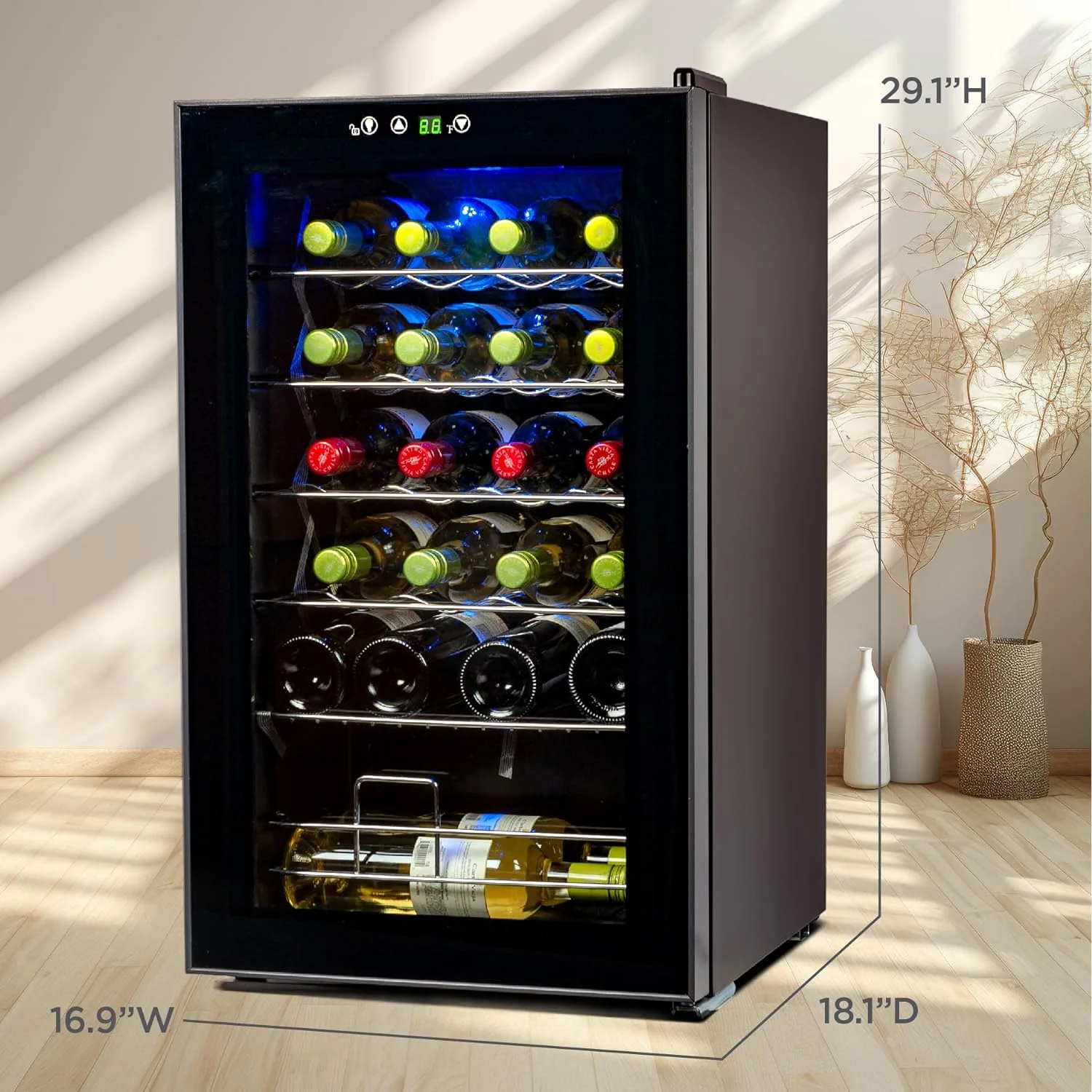 FJU 24 Bottle Wine Fridge with LED Display, Compressor Cooling Refrigerator with Interior Light