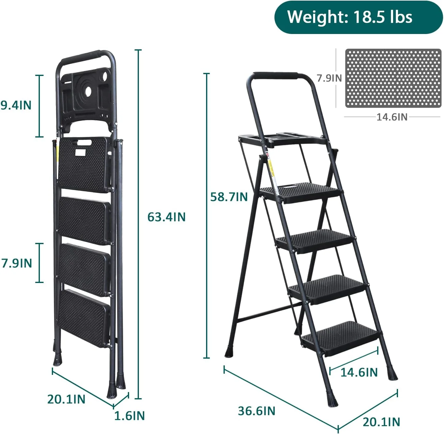 4 Step Ladder with Tool Tray, Folding Step Stool with Wide Non-Slip Pedal and Comfort Handgrip for Household and Office