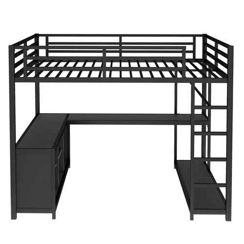 Queen Metal Modern Loft Bed with Wardrobe, L-Shaped Desk, Storage Cubes and Shelves, Black