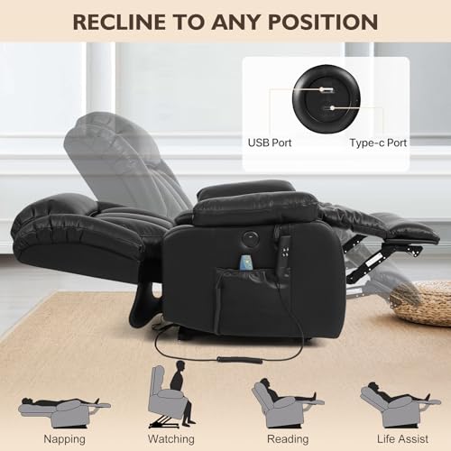 EDILLY Large Genuine Leather Power Lift Recliner Chairs for Elderly, Dual Motor with Massage and Heating,Double Lumbar Cushion and Extended Footrest