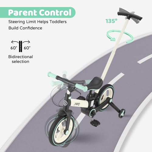 JMMD Toddler Bike with Push Handle for Kids 18-60 Months, 6 in 1 Foldable Push Bike with Training Wheels, Pedals, Brakes, Kickstand