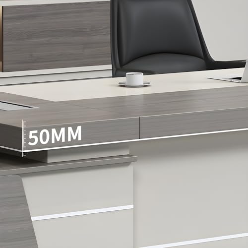 Modern Gray L-Shaped Executive Desk with Cord Management, Modern Workstation Computer Desk with Side Cabinet