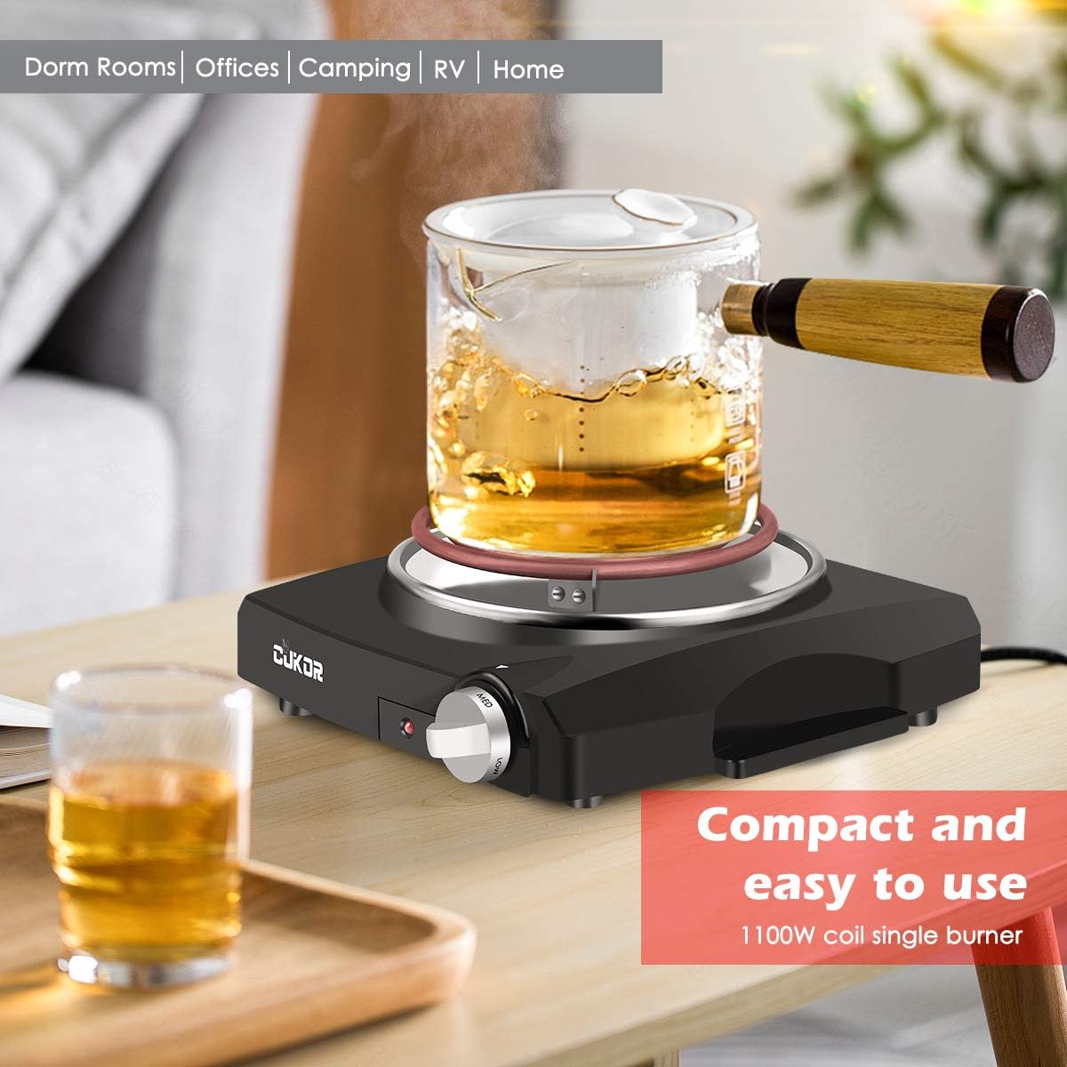 CUKOR Electric Hot Plate, 1800W Portable Electric Stove,Infrared Double Burner,Heat-up In Seconds