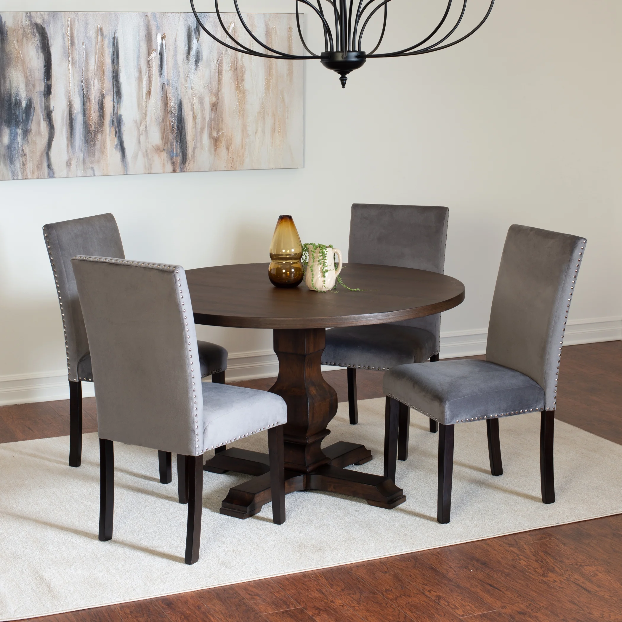 Roundhill Furniture Fordsville 5-piece Dining Set, Pedestal Round Table with 4 Stylish Chairs, Gray