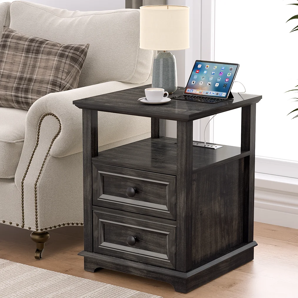 24” Tall End Table with Fast USB C Charging Station,Sofa Side Table with 2 Drawers, Large Storage Rustic Wood Square Storage Cabinet for Living Room