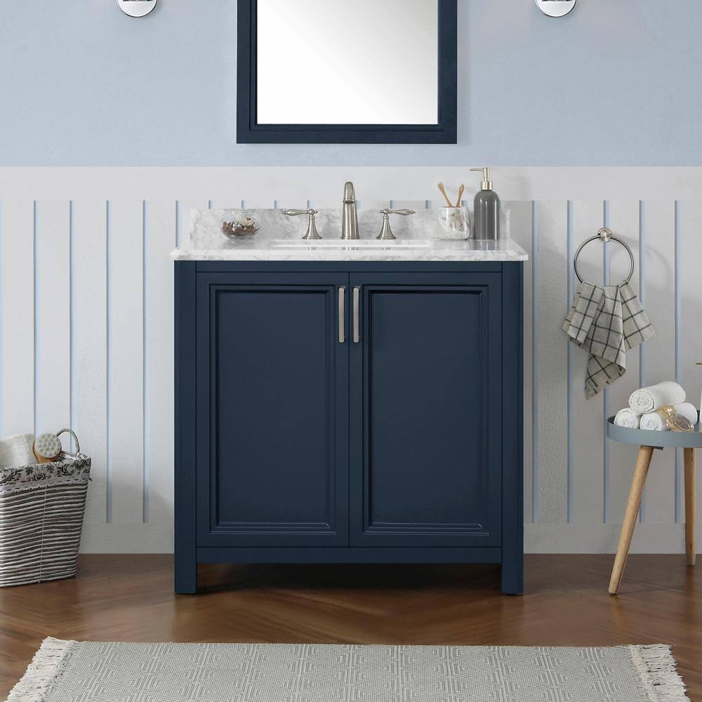 Home Decorators Collection Sandon 36 in. W x 22 in. D Bath Vanity in Midnight Blue with Marble Vanity Top in Carrara White with