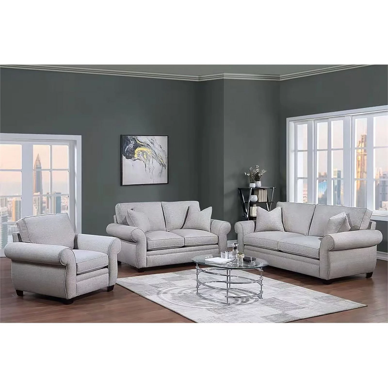 Pemberly Row Transitional Fabric Loveseat with Rolled Arms in Cream