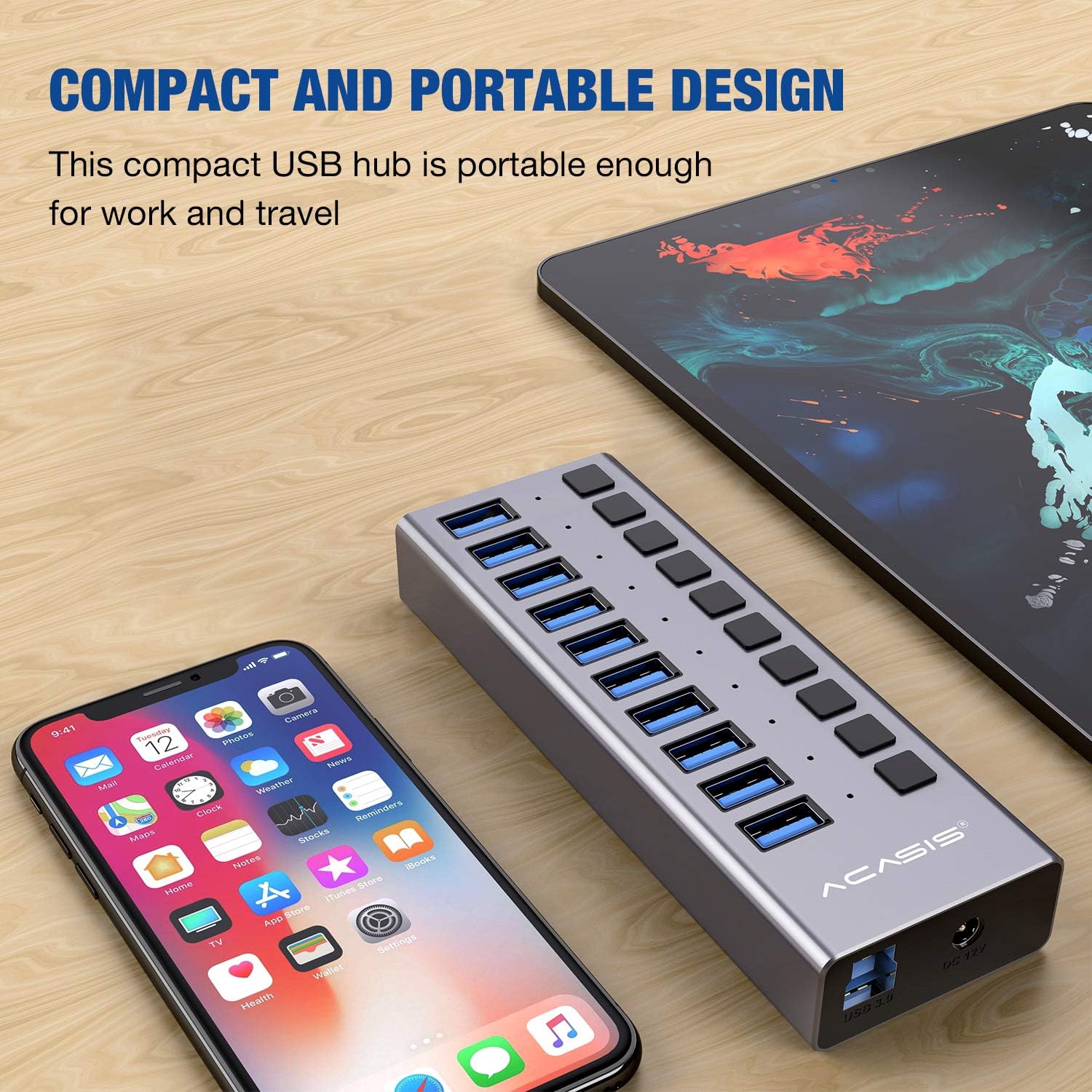 Powered USB Hub - ACASIS 10 Ports 48W USB 3.0 Data Hub - with Individual On/Off Switches and 12V/4A Power Adapter USB Hub 3.0 Splitter for Laptop, PC