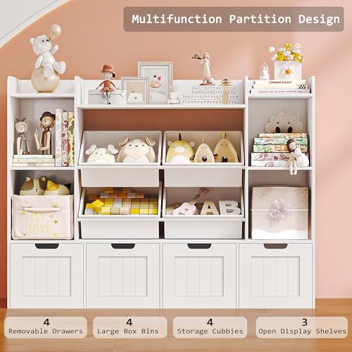 Toy Storage Organizer, Toy Organizer Kids Bookshelf with 4 Movable Drawers and 4 Box Bins, Playroom Organization and Storage for Kids Room
