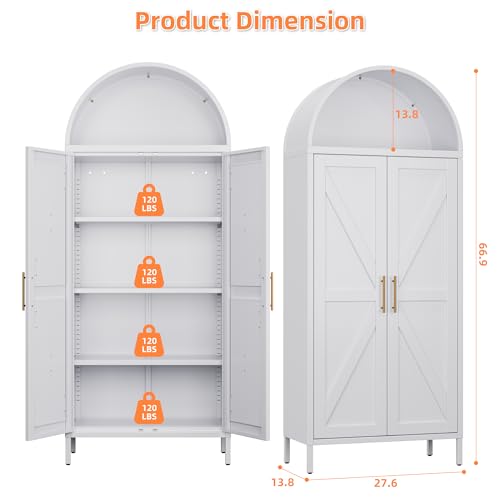 Tall Kitchen Pantry Cabinet, Metal Display Storage Cabinets with 4 Doors/2 Drawers for Kitchen Home Office Living Room, Assembly Required