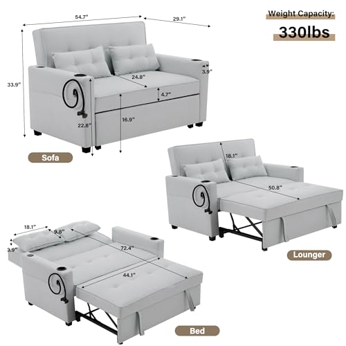 Convertible Loveseat Sleeper Bed, 3-in-1 Chaise Lounge Chair with Pillow and USB Charging, Reading Chair for Adults with Cup Holder, Side Pocket