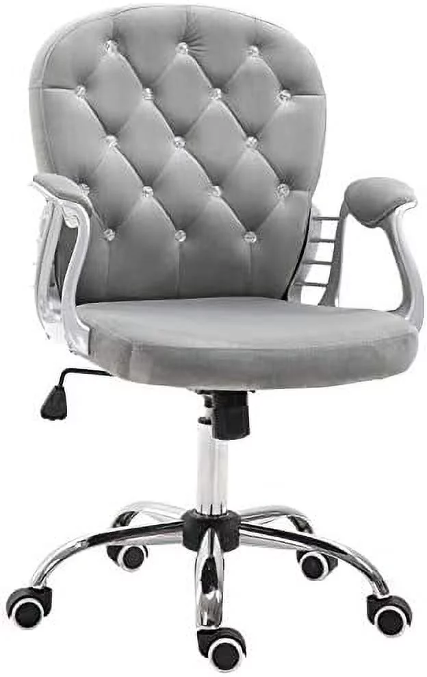 RUNFAYBIU Velvet Home Office Chair  Button Tufted Desk Chair with Padded Armrests  Adjustable Height and Swivel Wheels  Pink